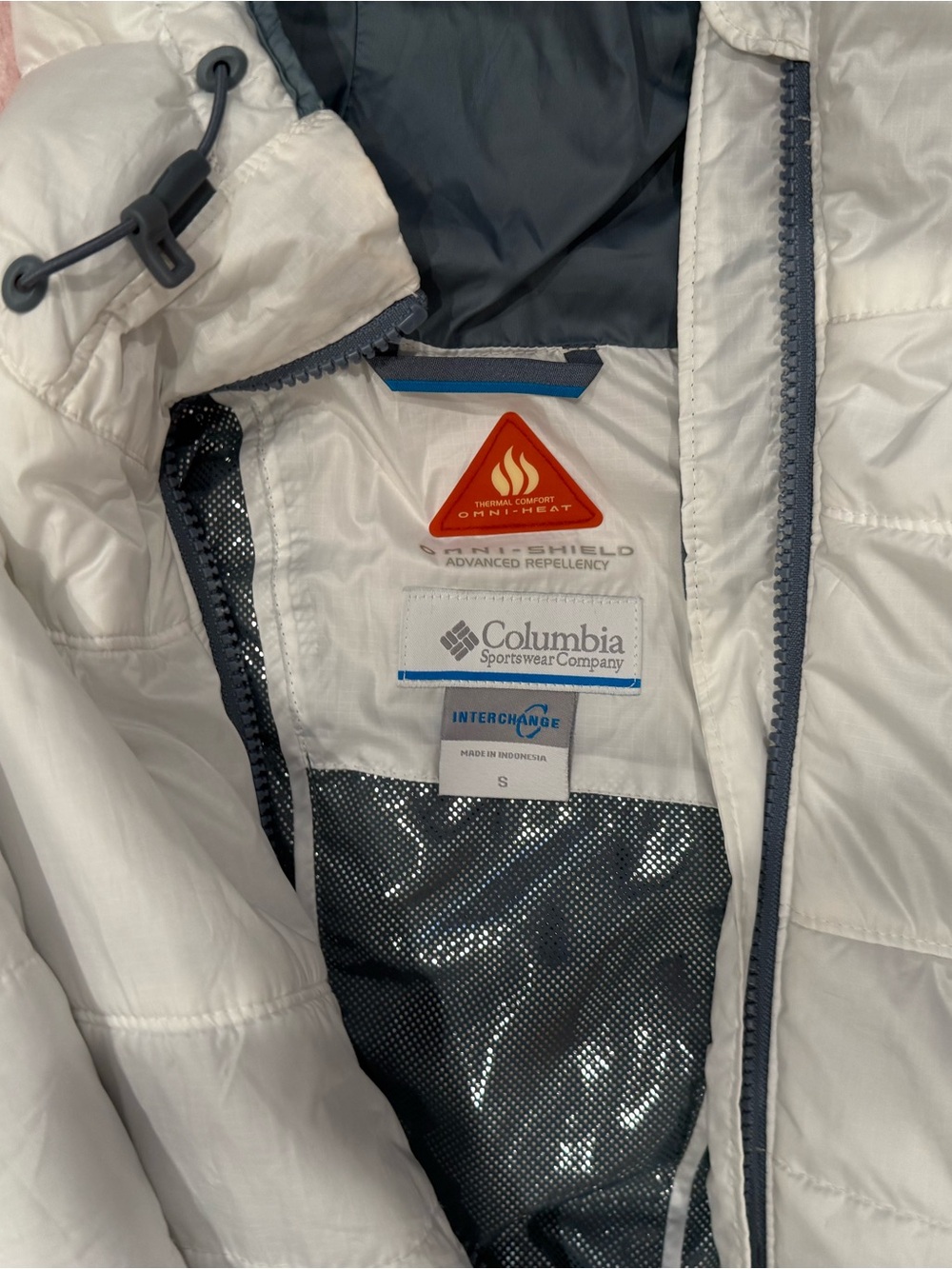Columbia White and Gray Omni-Heat Hooded Insulated Jacket